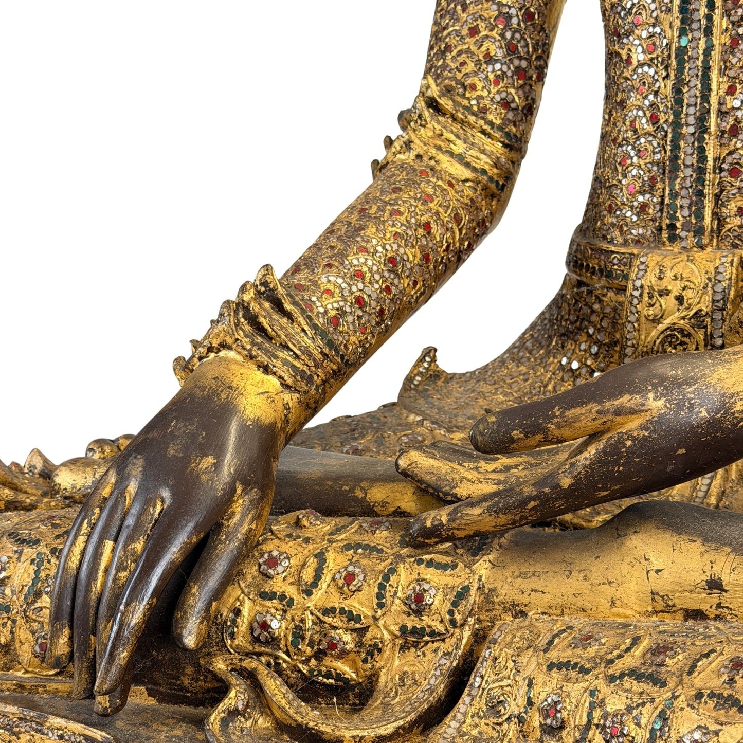Antique Burmese Mandalay Buddha in gilt teak, detailed collector view
