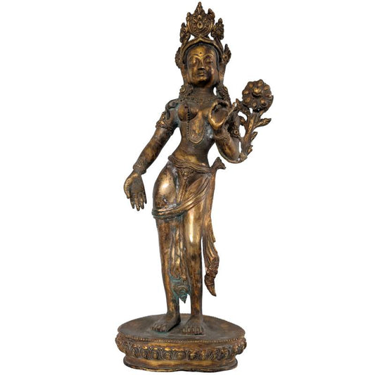 Antique Nepalese Standing Tara – Gilt Bronze, 18th Century Attribution, 41 cm – three-quarter front view