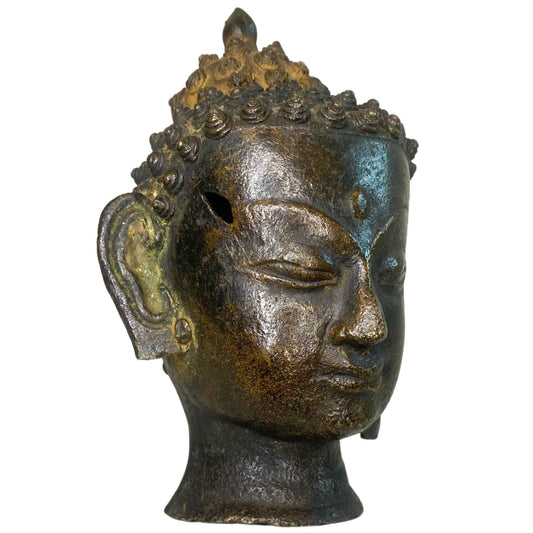 Old Thai Buddha Head – Bronze, Ayutthaya / U-Thong Style, 12 cm – three-quarter front view