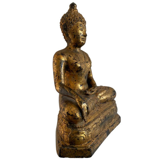 Right-front view of the Thai fire-gilt bronze Buddha on a decorated lotus pedestal