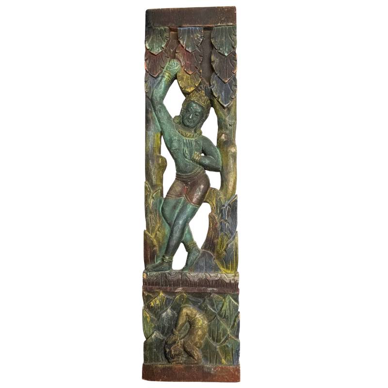 Full front view of the 56 cm polychrome Balinese wooden architectural carving with standing female figure and lower acrobat