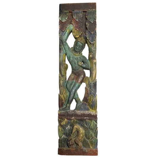 Full front view of the 56 cm polychrome Balinese wooden architectural carving with standing female figure and lower acrobat