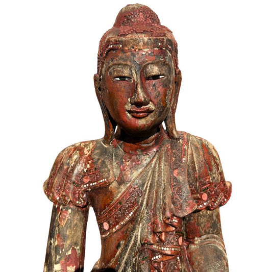 Large 19th-century wooden Buddha with lacquer, gilding and decorative inlay