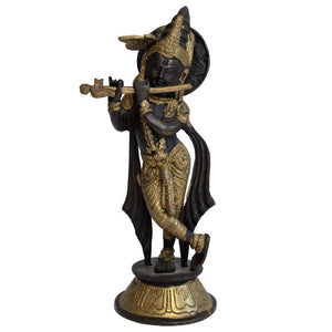 Antiek bronzen Krishna beeld met fluit, India, 19e eeuw