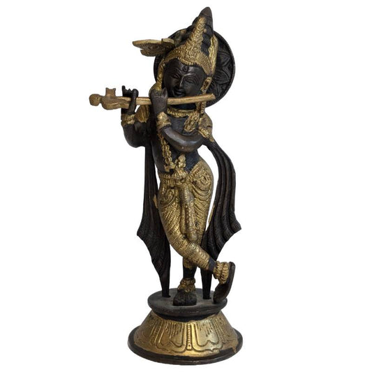 Antiek bronzen Krishna beeld met fluit
