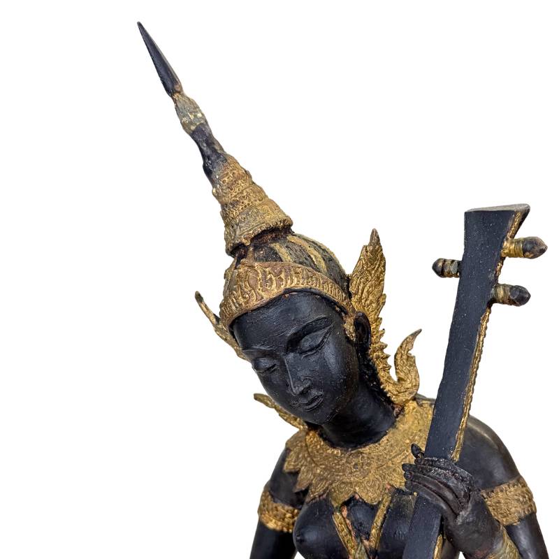 Thaise Muzikant Beeld Brons – Goud Zwart Patina Tempelfiguur