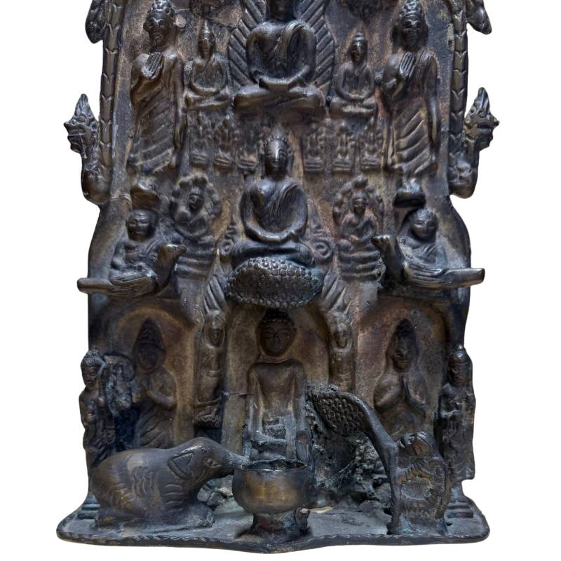 Antiek Bronzen Mucalinda Boeddha Tempelreliëf 
