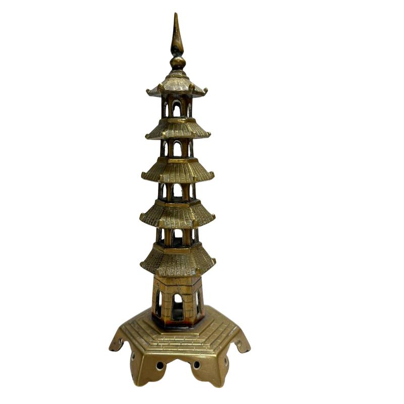 Chinese Bronzen Altaarset met  Medicijn Boeddha en Tweeling Pagode Torens - 3-Delig