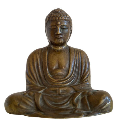 Close front view of 16th–17th-century Japanese solid bronze Buddha seated in Dhyana Mudra