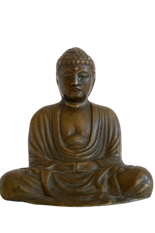 Full front view of Japanese solid bronze meditation Buddha with hands resting in Dhyana Mudra