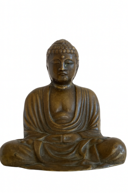 Full front view of Japanese solid bronze meditation Buddha with hands resting in Dhyana Mudra