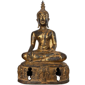 Museumwaardige 18e-eeuwse Lanna Boeddha – Vuurverguld Brons – Olifantenbasis – 43 cm