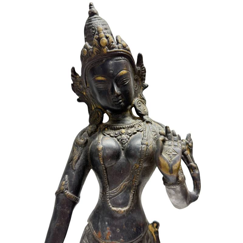Close-up of Himalayan bronze Tara showing the crown, jewellery and raised hand gesture