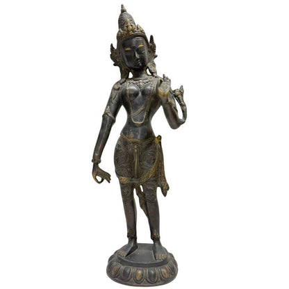 Front view of 18th–19th-century Himalayan bronze Tara standing on a lotus pedestal