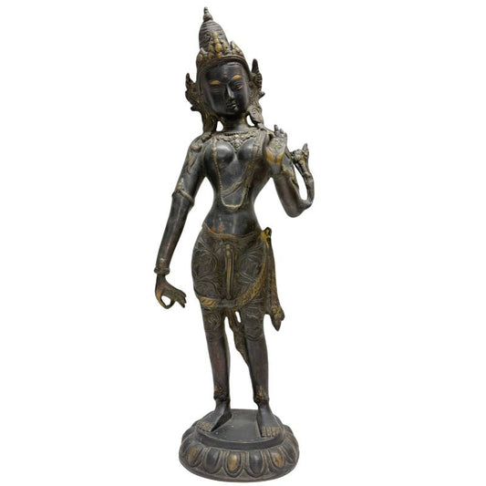 Front view of 18th–19th-century Himalayan bronze Tara standing on a lotus pedestal