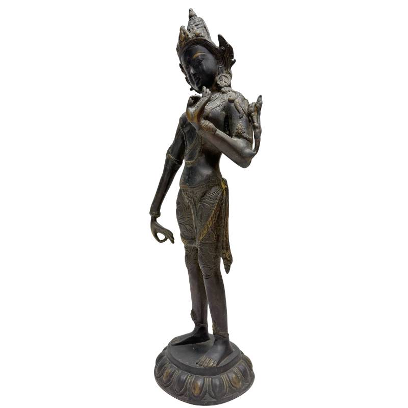 Left three-quarter view of Himalayan standing Tara with crown and lotus pedestal