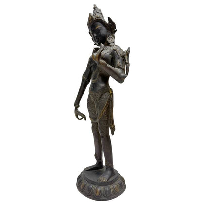 Left three-quarter view of Himalayan standing Tara with crown and lotus pedestal