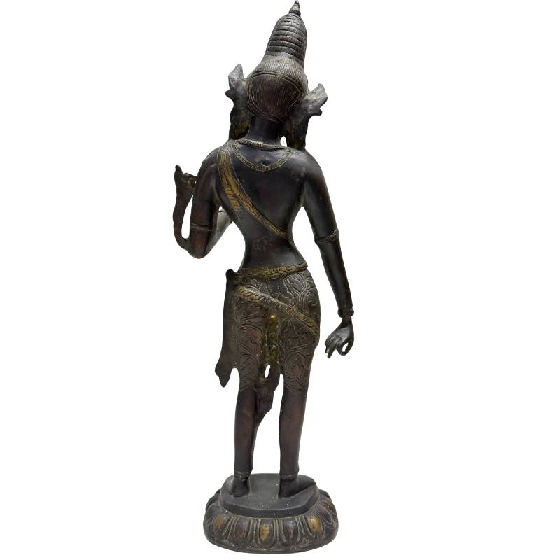 Rear view of Himalayan bronze Tara showing crown, jewellery and patterned garment