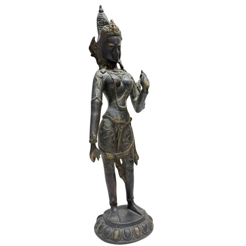 Right three-quarter view of Himalayan standing Tara showing crown, jewellery and raised hand