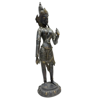 Right three-quarter view of Himalayan standing Tara showing crown, jewellery and raised hand