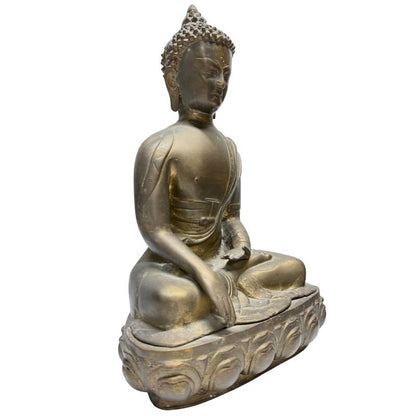Front angle of Tibetan bronze Buddha with earth-touching right hand
