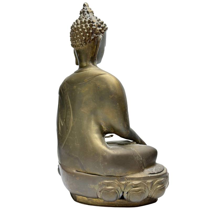 Rear angle showing the Buddha's robe and naturally worn bronze surface