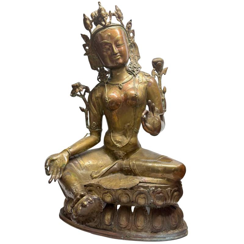 18th-century Tibetan fire-gilt bronze Green Tara on lotus throne, front view