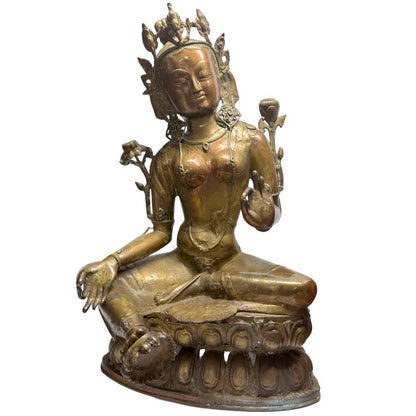 18th-century Tibetan fire-gilt bronze Green Tara on lotus throne, front view