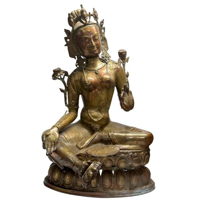 Front view of large Tibetan Green Tara with lotus stems and jeweled crown