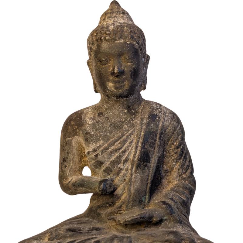 Close view of the aged patina on the Cambodian bronze Buddha