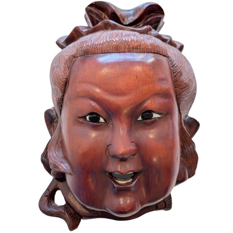 19th-century Chinese carved wooden Guanyin mask head with inlaid eyes