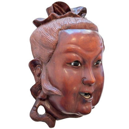 Chinese wooden Guanyin mask head with an open mouth and inlaid eyes