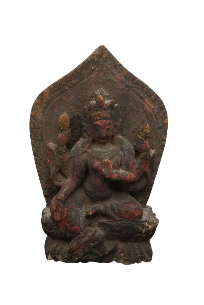 19th-century Himalayan wooden Tara seated within a leaf-shaped aureole