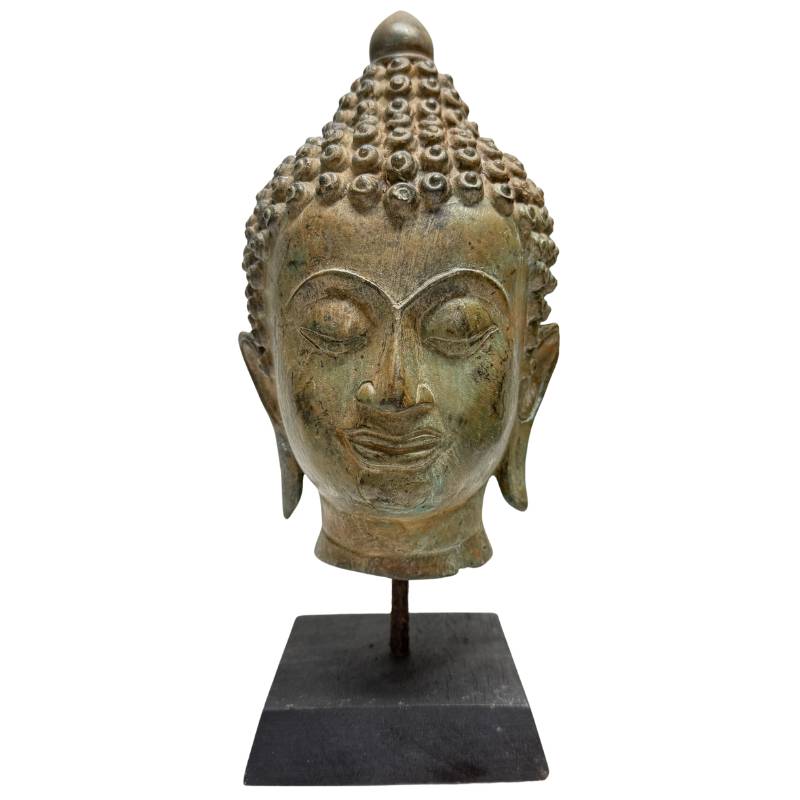 19th-century Southeast Asian bronze Buddha head on later display stand, front view
