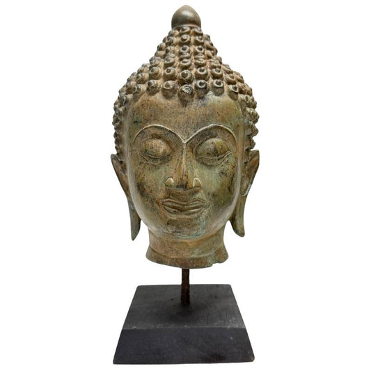 19th-century Southeast Asian bronze Buddha head on later display stand, front view