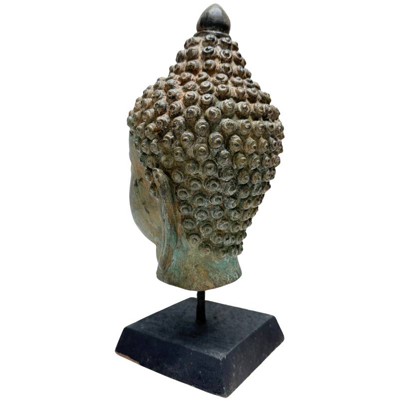 Opposite rear angle showing green-brown patina and spiral curls