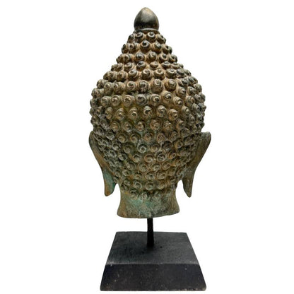 Rear view of Southeast Asian bronze Buddha head and later black display stand