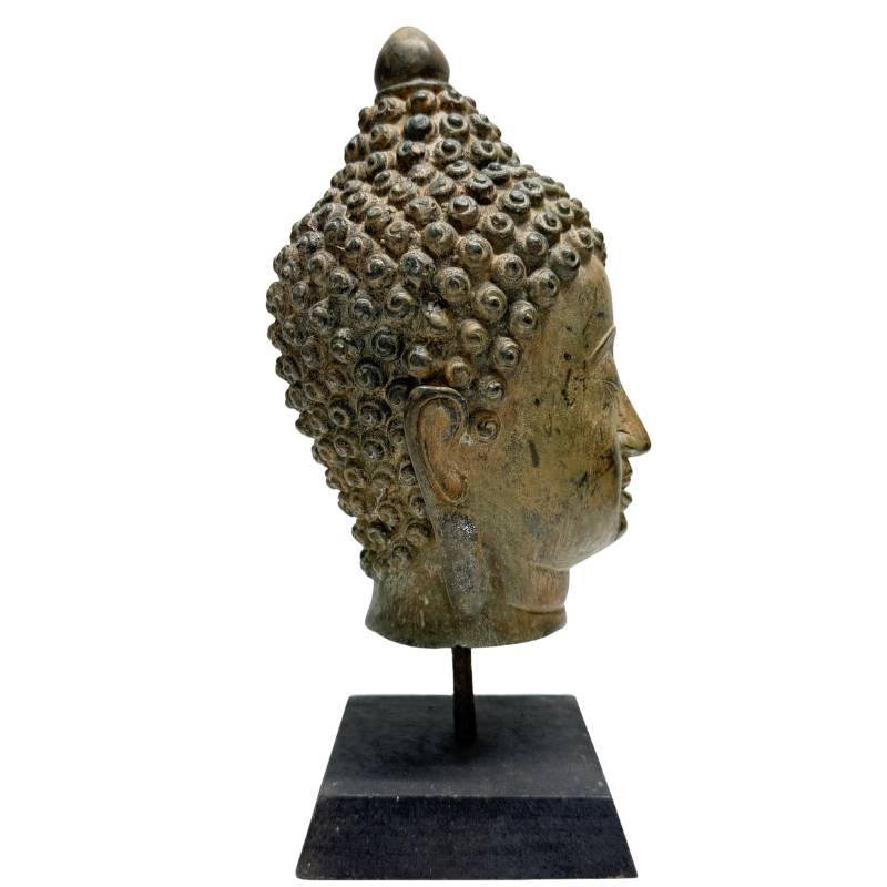 Side view of bronze Buddha head showing elongated earlobe and curled hair