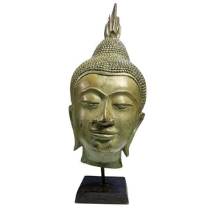 Oud Thais Bronzen Boeddhahoofd met voet 39 cm