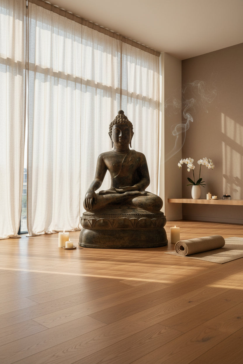 grote boeddha in yoga studio
