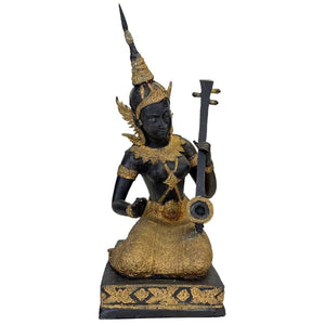 Thaise Muzikant Beeld Brons – Goud Zwart Patina Tempelfiguur