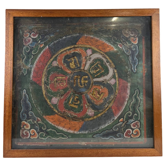 Antieke Tibetaanse Thangka Mandala kloosterschildering in frame van 61x65 cm met heilig Ranjana-schrift, perfect als exclusieve muurkunst.