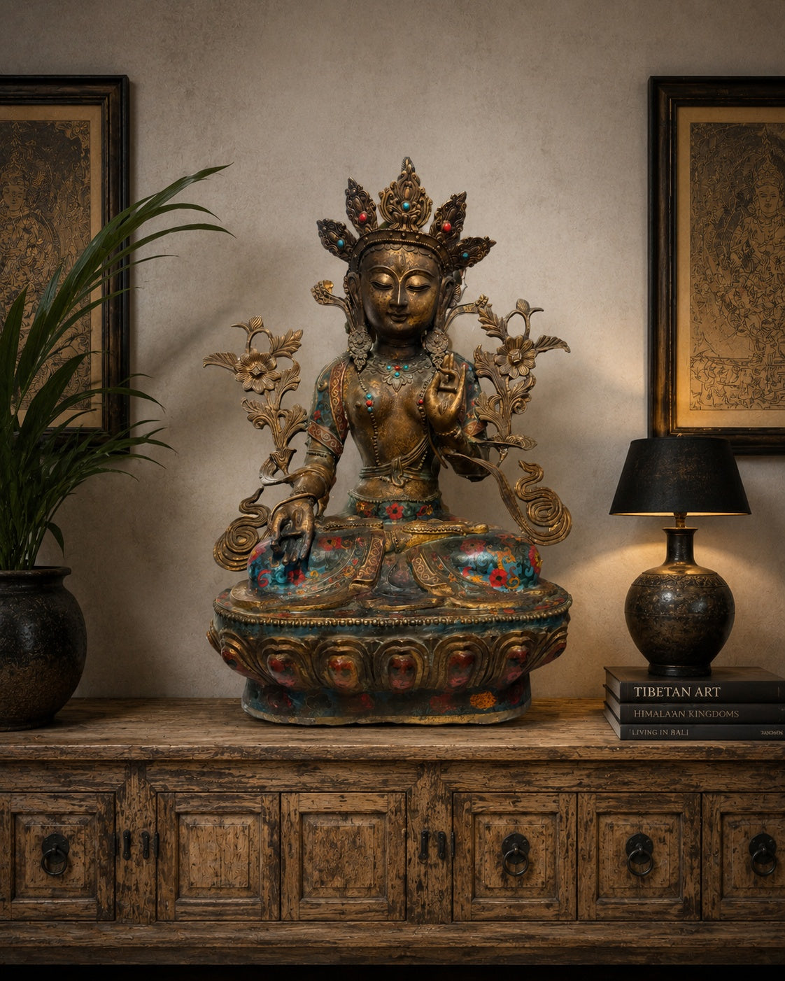 Antieke Sino Tibetaanse Witte Tara verguld brons cloisonne emaille meesterwerk 80cm