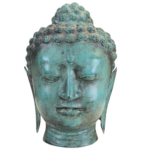 Turquoise Gepatineerd Bronzen Boeddha Hoofd – Thaise U Thong Stijl 26,5 cm