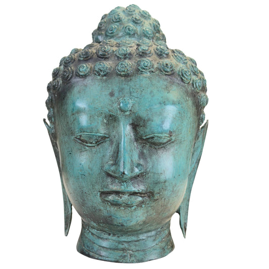 Turquoise gepatineerd bronzen Boeddha hoofd in Thaise U Thong stijl