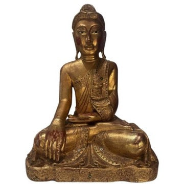 Groot Birmaans Mandalay Boeddhabeeld in hout met bladgoud, 19e eeuw, bhumisparsha mudra