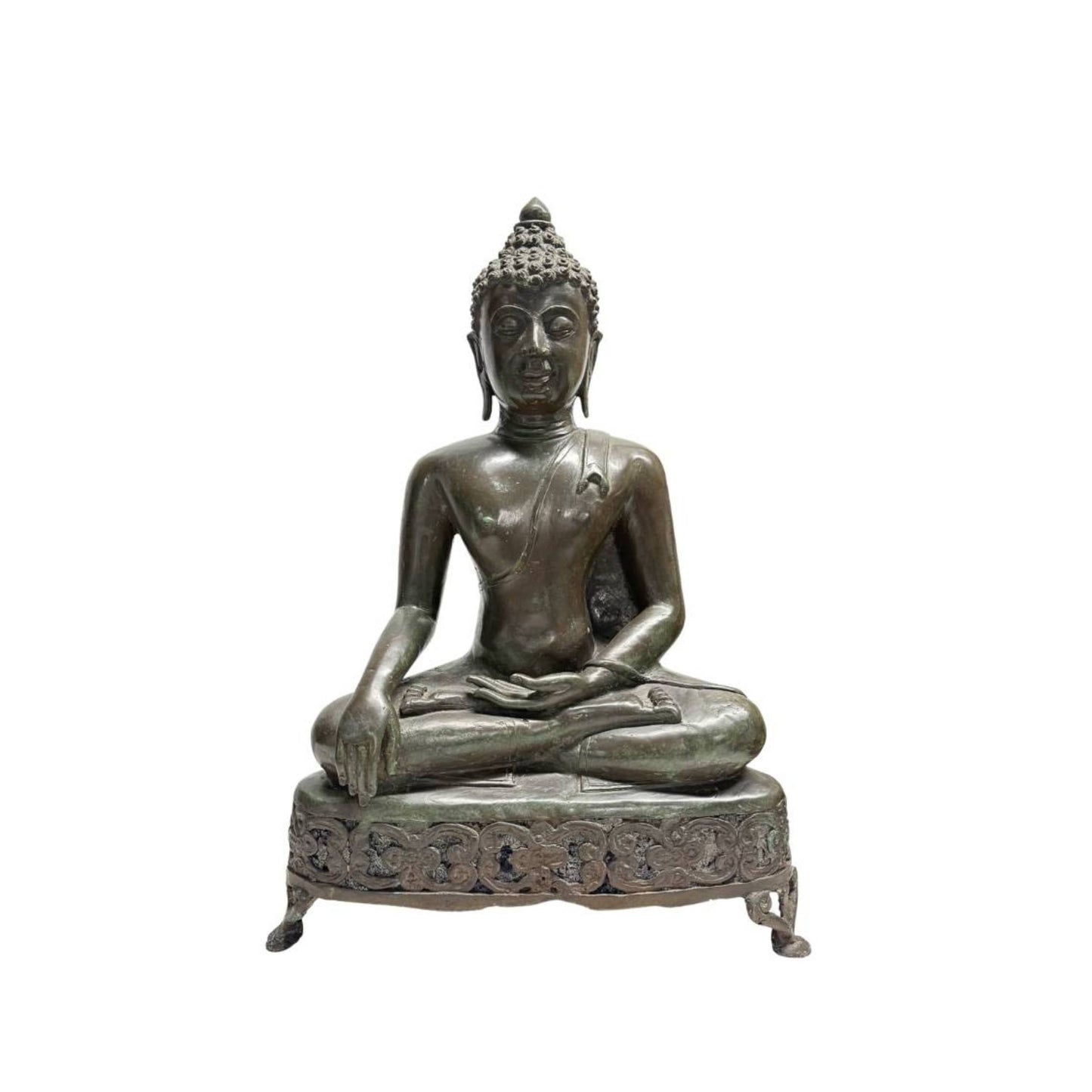 Monumentale 19e-Eeuwse Bronsgegoten Boeddha Shakyamuni op Opengewerkte Altaartroon – Lan Na / Tibetaanse Stijl (52 cm)