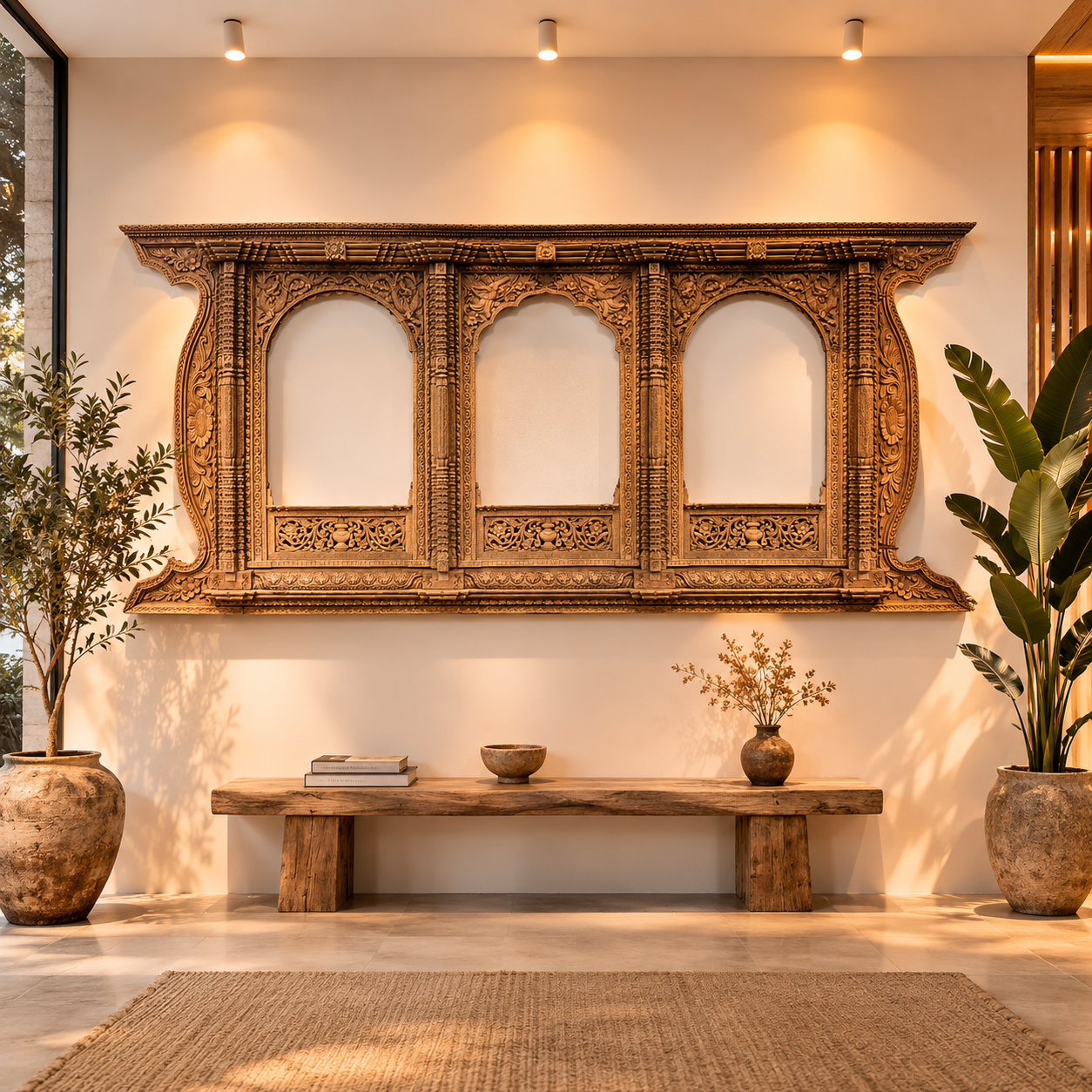 Exclusieve-yoga-studio-wanddecoratie-groot-teakhout-Boeddha-portaal-365cm