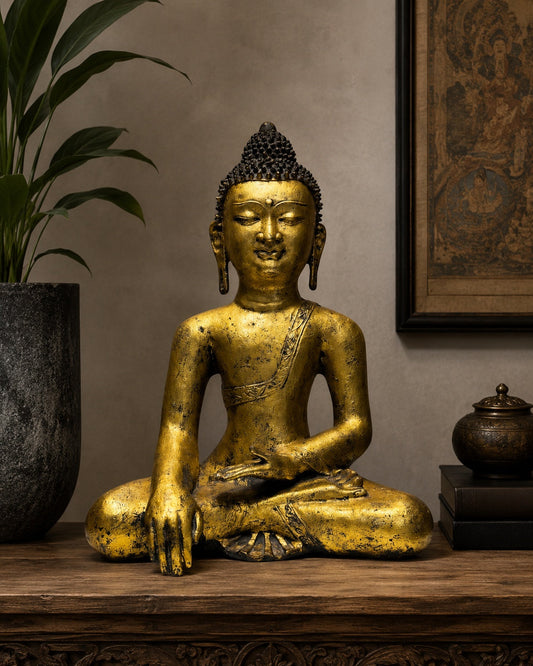 Gietijzeren Boeddhabeeld China Bhumisparsha Mudra verguld
