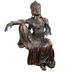 Monumentaal Antiek Frans Bronzen Beeld van Guanyin "Monet" – Unieke Randsoldaat (Corner-Sitter) in Koninklijke Hoge Stijl (57 cm) – 14.6 kg Massief Brons, vroege 20e Eeuw